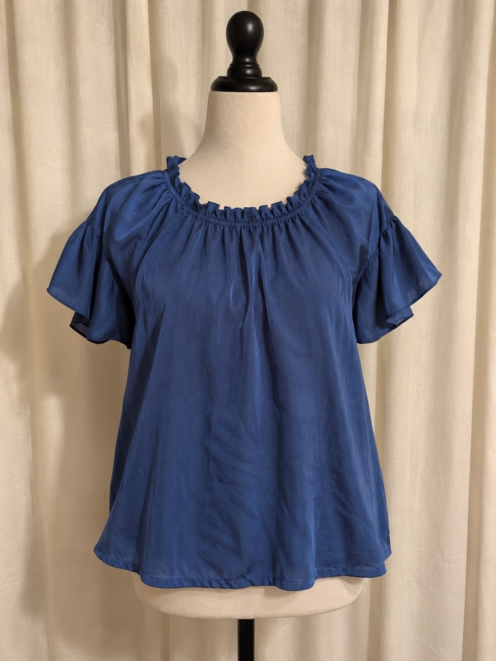Ruffled Neck Navy Blue Short Sleeve Peasant Satin Blouse